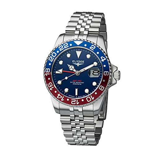 Elysee Herrenuhr GMT PRO 40 mm Edelstahl 20 ATM Saphirglas Herren zweite Zeitzone, Verschraubte Krone, Leuchtzeiger, Datumsanzeige rot blau von Elysee