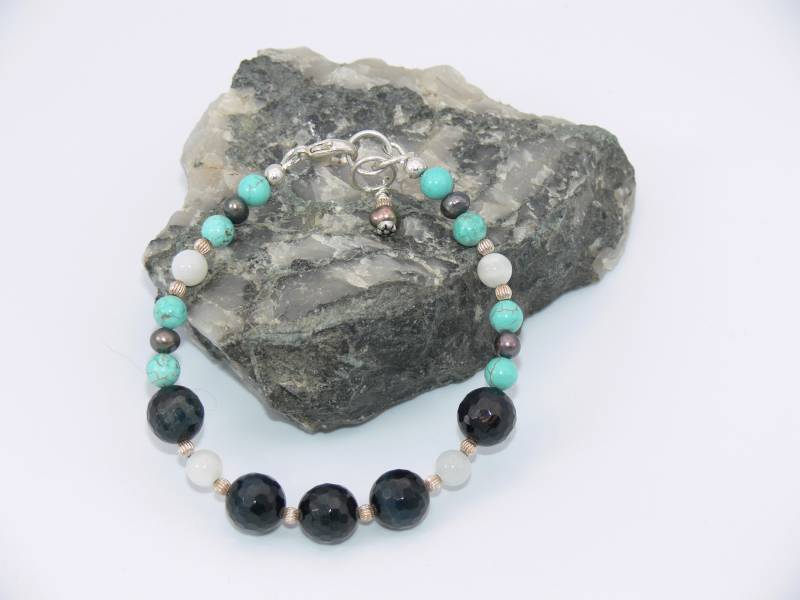 Blaues Tigerauge Armband, Mondstein Schmuck, Geburtsstein Für Dezember Silber Und Türkis Armband Verstellbar, Tolles Geschenk Frauen von ElysiumUniqueJewelry