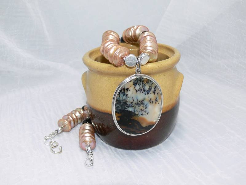 Chunky Perlenkette, Landschafts Jaspis Anhänger in Sterling Silber, Statement Halskette, One Of A Kind Große Ungewöhnliche von ElysiumUniqueJewelry