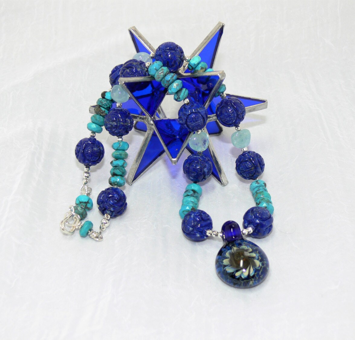 Dezember Birthstone Halsketten-Set Für Frauen, Türkis Schmuckset, Blumenbild Lampwork Anhänger, Top Geschenk Frauen von ElysiumUniqueJewelry