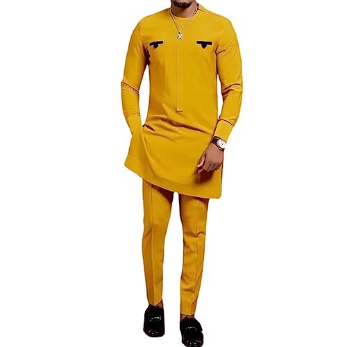ElzEy Zweiteiliges Set Dashiki Hemd und Hose Afrikanische Outfits für Männer Slim Fit Anzüge Langärmelig Kleidungsstücke Formale Hochzeit (Color : Yellow, Size : M) von ElzEy