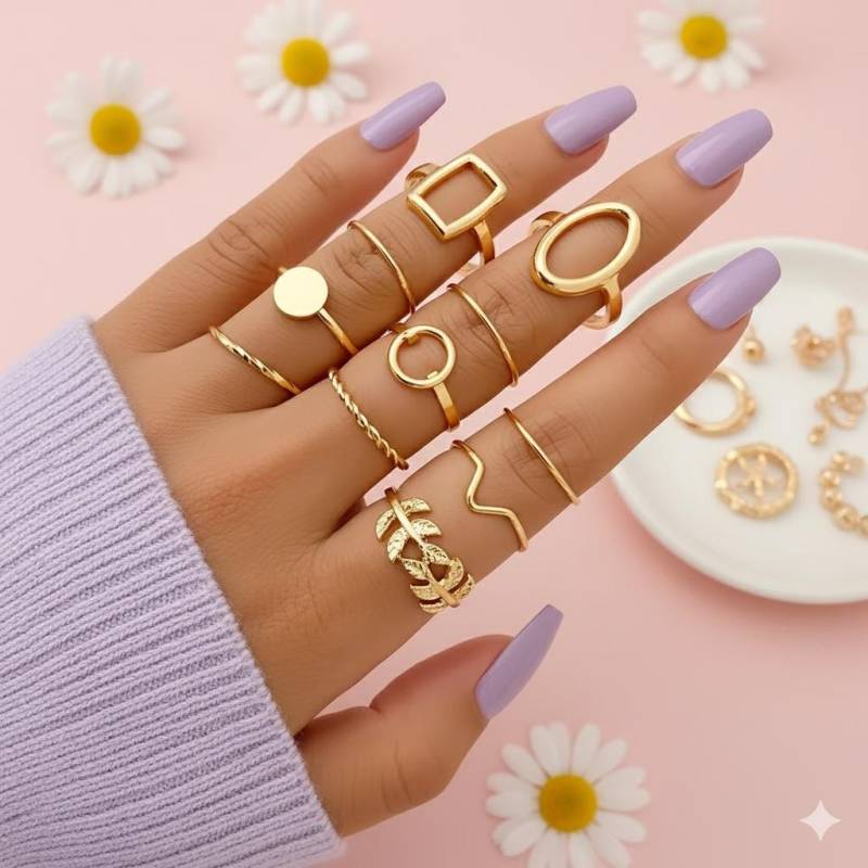 Gold Boho Ringset Aus 11 Stück Mit Blätter Deko Ring Set Für Elegante Damen Mädchen Perfekt Als Geschenk | Schmuck von EmaDesignsDe