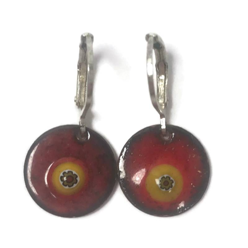 Millefiori Ohrringe Aus Kupfer Und Emaille Creolen in Rot Retro Look Für Frauen Ohrhänger Im Vintage Stil von Emaillekoenigin