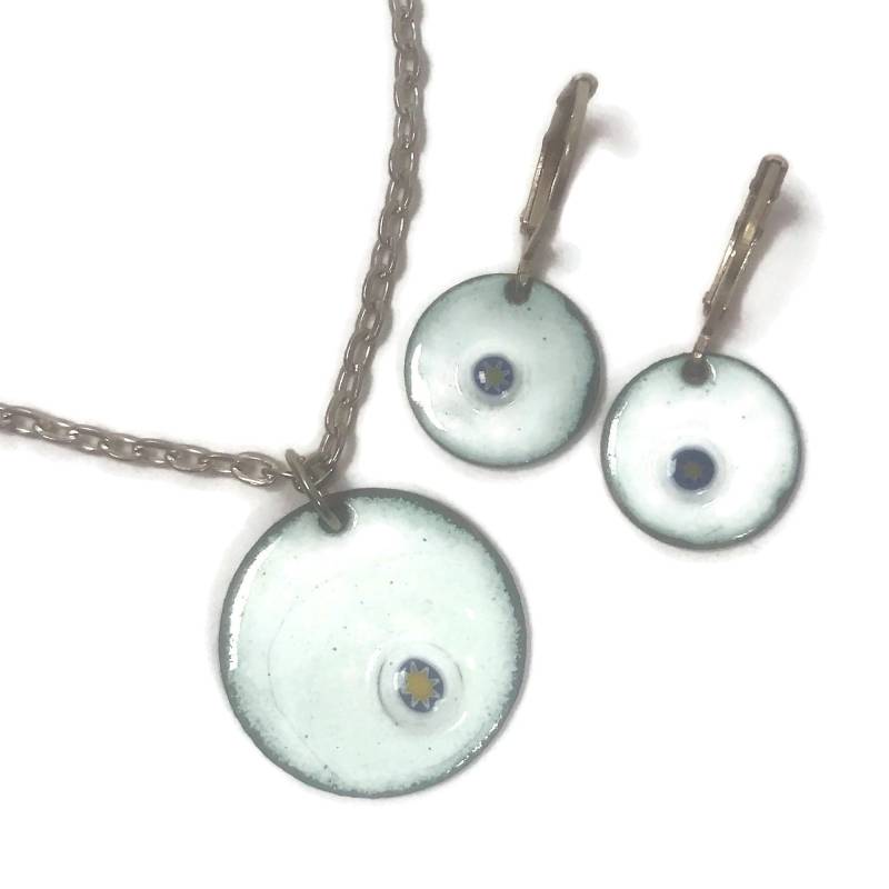 Schmuckset Mit Emaille Anhänger Ankerkette Silber Kette Großem Kettenanhänger Millefiori Ohrringe Stern Blau Gelb von Emaillekoenigin