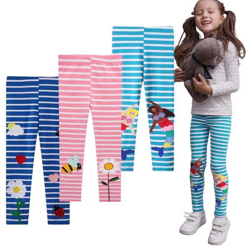 EmaoFun Mädchen Leggings Multipack,Kinder Hose Kleinkind aus Baumwolle,3er-Pack Set,Größe Flora 7Y von EmaoFun