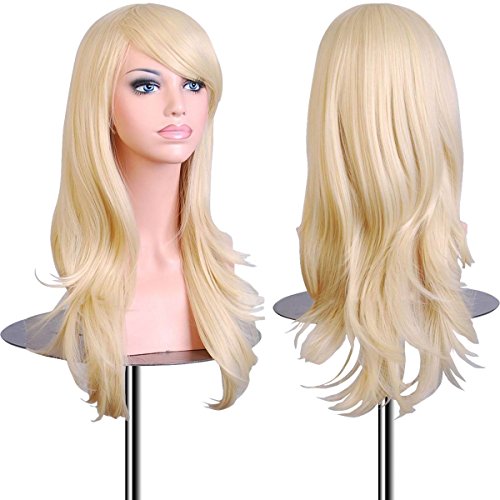 EmaxDesign 70cm qualitativ hochwertige Cosplay Perücke Für Frauen. Lang Voll, Lockig Wllig Heiz resistent. Fashion Glamourös Haarteil mit kostenlosen Perücke Kappe & Perücke Kamm (Farbe: Hellblond) von EmaxDesign