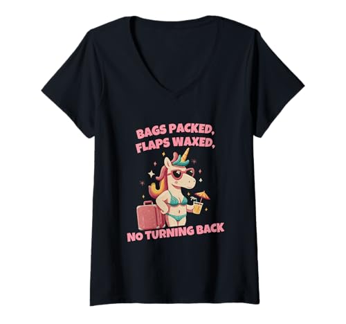Damen Unicorn Inappropriate Funny Travel Vacation Adult Humor T-Shirt mit V-Ausschnitt Damen Unicorn Inappropriate Funny Travel Vacation Adult Humor T-Shirt mit V-Ausschnitt von Embarrassing Adult Humor Bags Packed Flaps Waxed