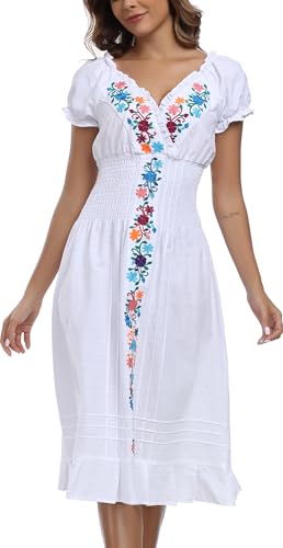 2024 Damen Besticktes Kleid Casual Bohemian V-Ausschnitt Kleid Kurzarm Floral Hochzeit Party Kleid, Weiß A, Groß von Embnoyes