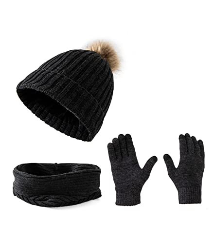 Embouro Damen 3-in-1-Pom-Pom Beanie-Schal-Handschuh-Set, Winterset für kaltes Wetter für Frauen mit abnehmbaren Pom-Poms (Dunkelgrau) von Embouro