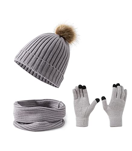 Embouro Damen 3-in-1-Pom-Pom Beanie-Schal-Handschuh-Set, Winterset für kaltes Wetter für Frauen mit abnehmbaren Pom-Poms (HellGrau) von Embouro