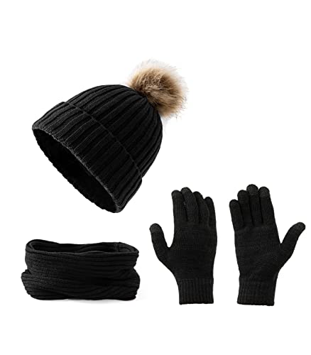 Embouro Damen 3-in-1-Pom-Pom Beanie-Schal-Handschuh-Set, Winterset für kaltes Wetter für Frauen mit abnehmbaren Pom-Poms (Schwarz) von Embouro