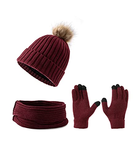 Embouro Damen 3-in-1-Pom-Pom Beanie-Schal-Handschuh-Set, Winterset für kaltes Wetter für Frauen mit abnehmbaren Pom-Poms (Weinrot) von Embouro