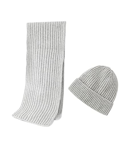 Embouro Wintermütze und Schal aus Merinowolle für Herren, warme Strickmützen, lange Schals für Damen und Herren (Grau) von Embouro