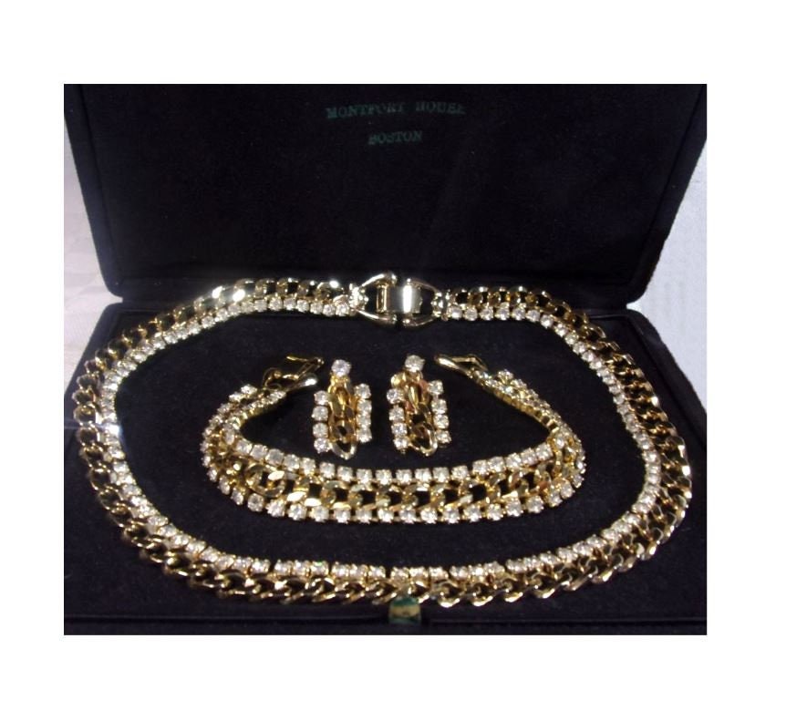 Schmuck-Set - Gold Platte Strass Halskette Armband Ohrringe Vintage 1950Er Jahre von EmbracingYesterday