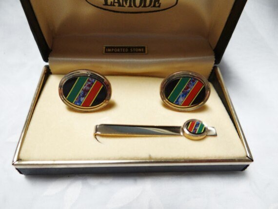 stein Manschettenknüpfe Und Krawattenstangen Set - Eingelegter Importierter Lamode Originaletschlaufe Inklusive Vintage von EmbracingYesterday