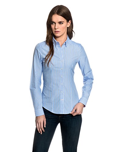 Embraer Damen Bluse tailliert 100% Baumwolle kariert mit Kontrasteinlage Langarm Hemdbluse elegant festlich Kent-Kragen auch für Business und unter Pullover eisblau 34 von Embraer