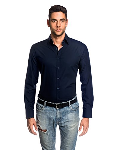 Embraer Herren-Hemd Slim-Fit tailliert bügelfrei 100% Baumwolle Uni-Farben - Männer lang-arm Hemden für Anzug Krawatte Business Hochzeit Freizeit dunkelblau 43-44 von Embraer