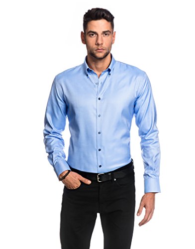 Embraer Herren-Hemd Slim-Fit tailliert bügelleicht 100% Baumwolle Oxford Uni-Farben - Männer lang-arm Hemden für Anzug Krawatte Business Hochzeit Freizeit oder unter Pullover eisblau 37-38 von Embraer