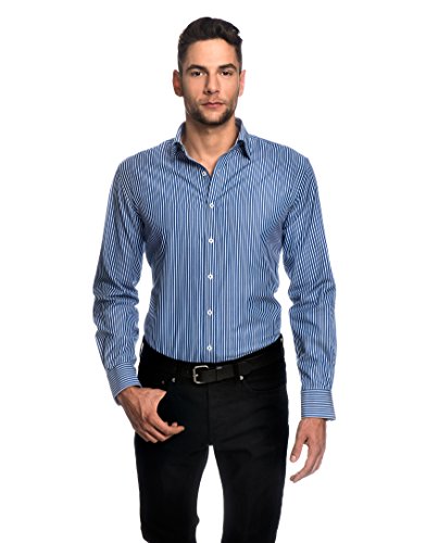 Embraer Herren-Hemd Slim-Fit tailliert bügelleicht 100% Baumwolle gestreift - Männer lang-arm Hemden für Anzug Krawatte Business Hochzeit Freizeit oder unter Pullover blau 37-38 von Embraer