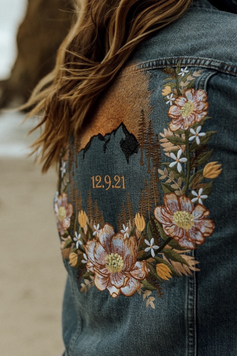 Personalisierte Blumen Bestickte Jeansjacke Benutzerdefinierte Braut Elopement Jeansjacke von EmbroideryBethWilson