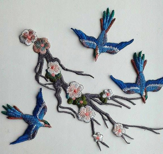Moks21(P Set Aufnäher Kirschblüten Vogel Zweig von EmbroideryMoks