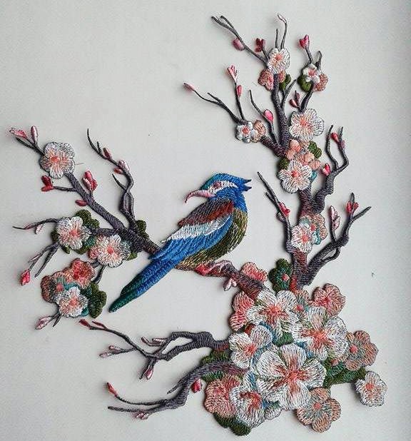 Moks22(P Blühende Kirsche Vogel Ast Stickerei Aufnäher von EmbroideryMoks