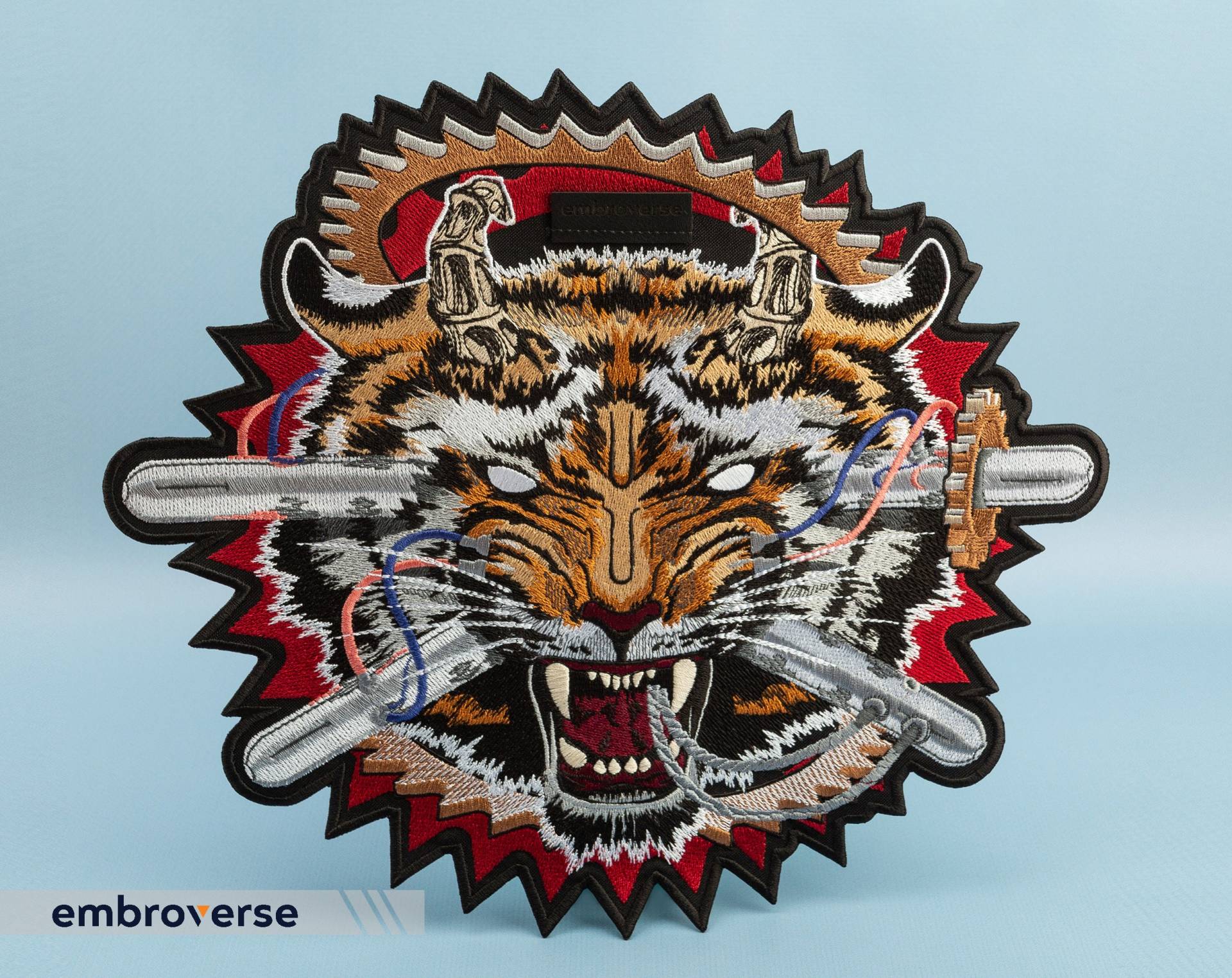 Cyber Tiger Groß Patch - Angry Wild Animal With Gears Dämon Hörner Gesticktes Bügeleisen Größe 11, 8 X 10, 4 Zoll von Embroverse