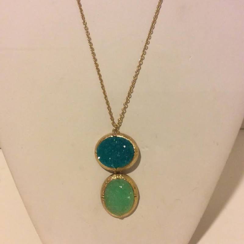 Lange Blaue Und Goldene Faux Druzy Doppel-Anhänger Halskette Lange Blaue Und Goldene Faux Druzy Doppel-Anhänger Halskette von EmeliaHart