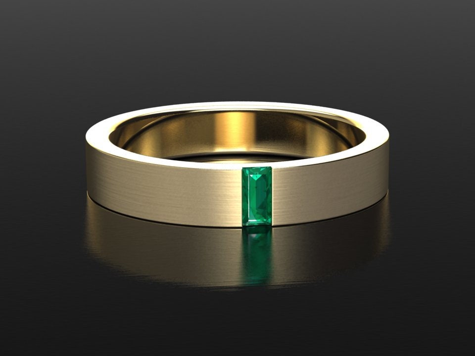 Gelbgold Smaragd Hochzeitsband | Unisex Gebürstetes Finish 4mm Ehering Massives von EmeraldJewelStudio