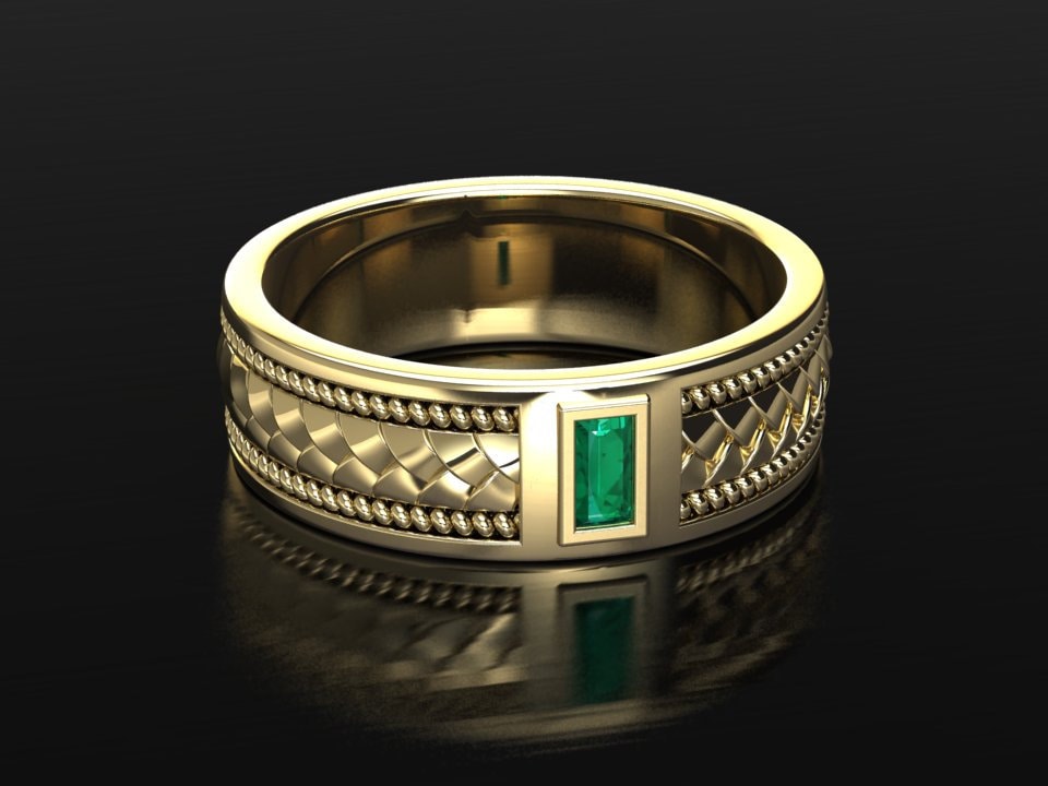 Herren Smaragd Ehering, 7mm Band, Geflochtener Unisex, Baguette Ring, Geschenk Für Ihn, Massiv Gelb Gold von EmeraldJewelStudio