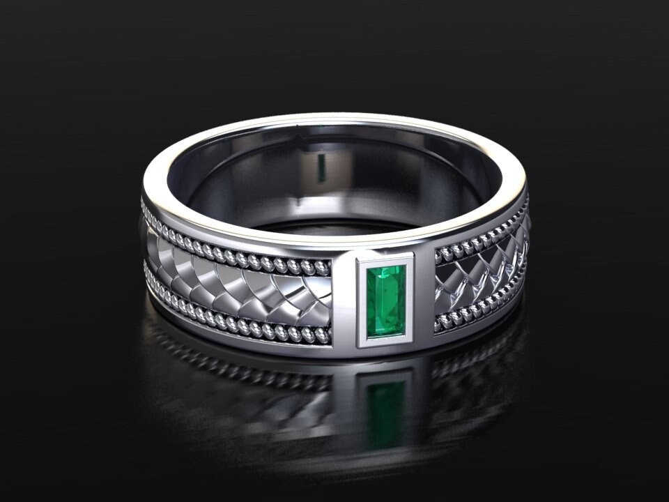 Herren Smaragd Ehering, 7mm Band, Geflochtener Unisex, Baguette Ring, Geschenk Für Ihn, Massiv Weißgold von EmeraldJewelStudio