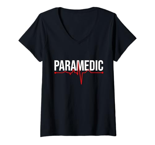 Damen Rettungssanitäter weißer Text mit roter Herzschlag-Linie T-Shirt mit V-Ausschnitt von Emergency Medical Response Apparel