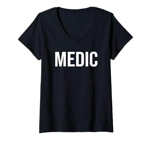 Damen Medic Bold White Text Vorder- und Rückseite Design T-Shirt mit V-Ausschnitt Damen Medic Bold White Text Vorder- und Rückseite Design T-Shirt mit V-Ausschnitt von Emergency Response Rescue Apparel