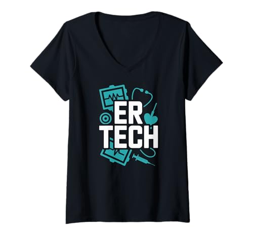 Damen ER Tech Heartbeat Stethoskop Notaufnahme T-Shirt mit V-Ausschnitt von Emergency Room Medical Heartbeat Teamwork
