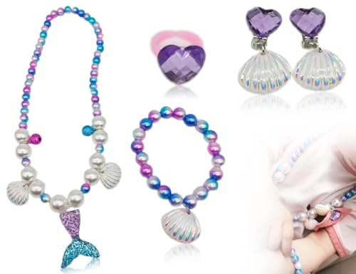 Emezddo 5 Stück Meerjungfrauen Schmuckset Mädchen,Süß und kindlich Meerjungfrau Schmuckset Enthält Halsketten,Armbänder,Ringe,Ohrringe,Geeignet für Mädchen Kinderkleidung,Urlaubspartys,Alltagskleidung von Emezddo
