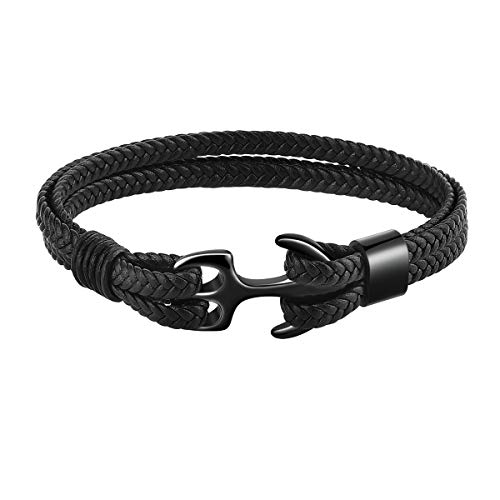 Emibele 22mm Armband für Herren, Robust Rindsleder Armband, Mehrschichtig Vintage Anker Armband Wickelarmband - Schwarz mit Schwarz Anker von Emibele