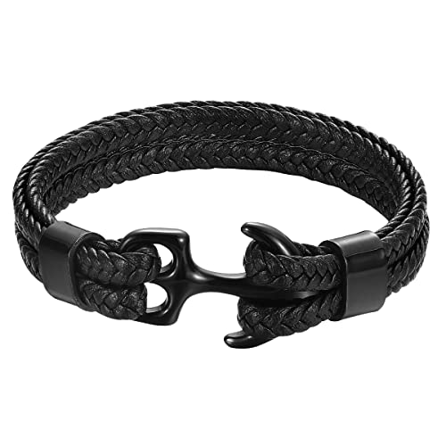 Emibele 22mm Armband für Herren, Robust Rindsleder Armband, Mehrschichtig Vintage Anker Armband Wickelarmband - Schwarz mit Schwarz Anker von Emibele
