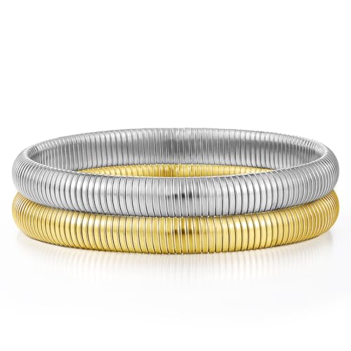 Emibele Armband-Set 2 Stück, 8mm Rostfreier Stahl Armband Stapelbares Stretch-Armband Elastisches Schlangenketten-Armband, Einfaches Modisches Stapelarmband für Frauen Teenager, Gold & Silber Emibele Armband-Set 2 Stück, 8mm Rostfreier Stahl Armband Stapelbares Stretch-Armband Elastisches Schlangenketten-Armband, Einfaches Modisches Stapelarmband für Frauen Teenager, Gold & Silber von Emibele