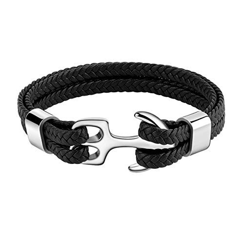 Emibele Robust Rindsleder Armband für Herren - Mehrschichtig Vintage Wickelarmband Mit Silber Anker - Schwarz von Emibele