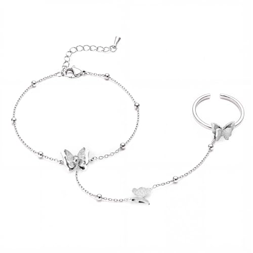 Emibele Armband mit Fingerring, 18K Versilbert Damen Ring und Armkette mit Schmetterling Verzierung, Exquisit Armbändchen Schick Schmuckstück für Party Geburtstag Valentinstag verabredung, Silber von Emibele