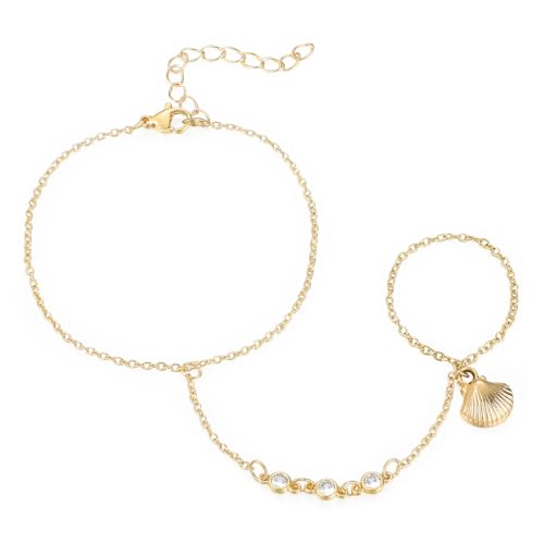 Emibele Gold Armband Für Damen, 18K Gold Handkette, Muschel Design Zirkonia Edelstahl Nicht Anlaufend Handkette Armband Mit Fingerring, Modisch Verstellbar Schmuck Geschenk von Emibele