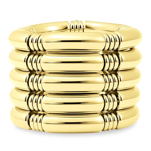 Emibele Gold Armreifen Armbänder, Chunky 14k Gold plattiert Stretch Armreifen Armbänder, stapelbar geschichteten gebogenen Bambus-Rohr-Armband-Set, nicht anlaufen Gold Armbänder Schmuck Geschenke von Emibele