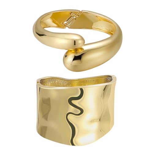 Emibele Gold Breit Manschette Armband Stack, 18K vergoldet Offener Armreif Armband, Teardrop Scharnier Handgelenk Chunky Armband Set für Frauen, Nicht Anlaufen Schmuck Geschenk, 2 Pack von Emibele