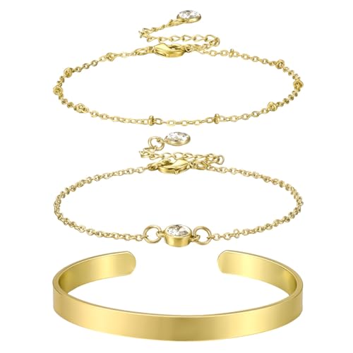 Emibele Gold Kette Armbänder Set, 3pcs 14K Echtgold vergoldetes Armband Set Stackable Gold Armbänder Schmuck, Armband mit Zirkonia Verstellbares Gold Lagenarmband für Frauen Mädchen, Gold von Emibele