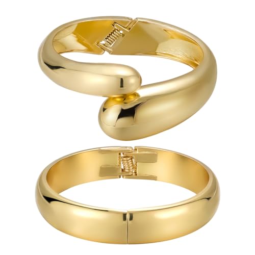 Emibele Gold Manschette Armband Stack, 18K vergoldet Offener Armreif Armband, Teardrop Scharnier Handgelenk Chunky Armband Set für Frauen, Nicht Anlaufen Schmuck Geschenk, 2 Pack von Emibele