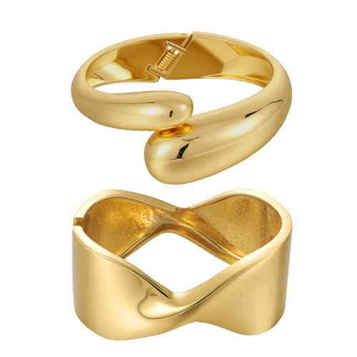 Emibele Gold Manschette Armband Stack, 18K vergoldet Offener Armreif Armband, Teardrop Scharnier Handgelenk Chunky Set für Frauen, Nicht Anlaufen Schmuck Geschenk, 2 Pack, Gold von Emibele