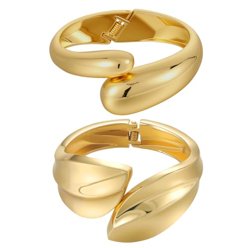 Emibele Gold Manschette Armband Stack, 18K vergoldet Offener Armreif Armband, Teardrop Scharnier Handgelenk Chunky Set für Frauen, Nicht Anlaufen Schmuck Geschenk, 2 Packungen von Emibele