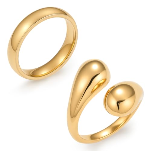 Emibele Gold Ringe für Frauen 2PCS, Chunky Gold Ringe Edelstahl nicht anlaufen, Teardrop Aussage Band, offen verdreht stapelbar Ring, trendigen Schmuck Geschenke für geliebte Menschen, Größe 9 von Emibele