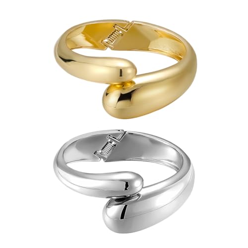 Emibele Gold & Silber Manschette Armband Stack, 18K Vergoldet Offener Armreif Armband, Tränenförmige Gestalt Scharnier Handgelenk Chunky Armband Set für Frauen, Nicht Anlaufen Schmuck Geschenk, 2 Pack von Emibele