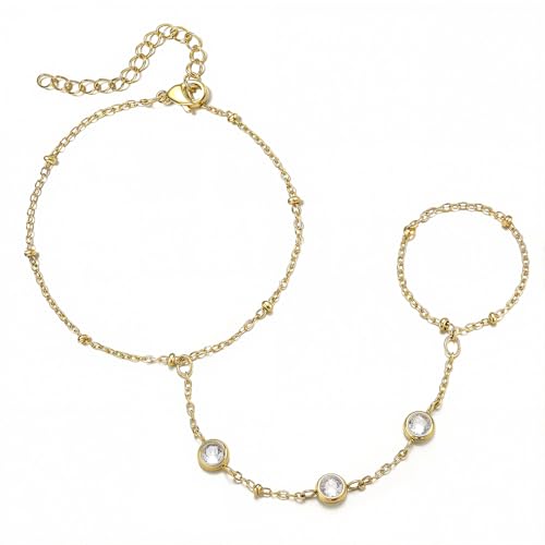 Emibele Handketten Armband Für Damen, 18K Gold Plated Handkette Mit Fingerring, Cubic Zirconia Edelstahl Nicht Anlaufend Gold Armband Für Damen, Verstellbarer Schmuck Valentinstag Geschenke von Emibele